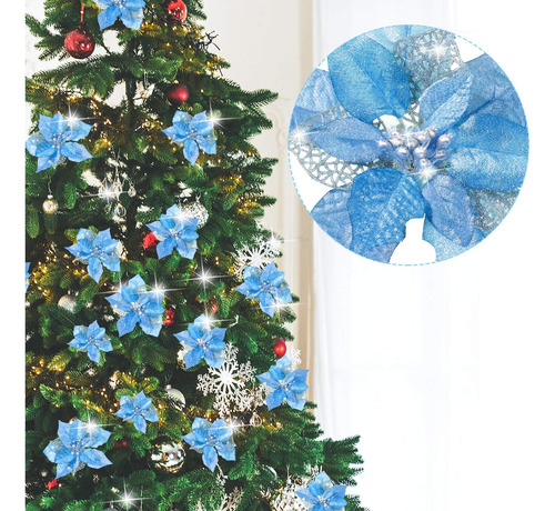 24 Piezas Glitter De Navidad Poinsettia Flores De Navidad Fl