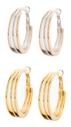 Set De Aretes Baño De Oro 18k Liso Florentino Natural Triple