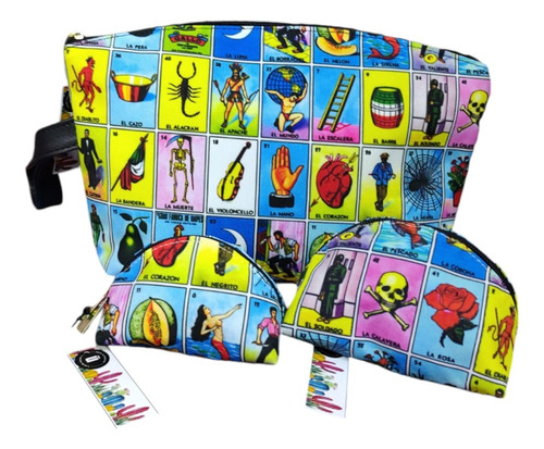 Set De Cosmetiquera, Monedero Mini Y Regular De Lotería Negro Loteria Mexicana Níquel Negro