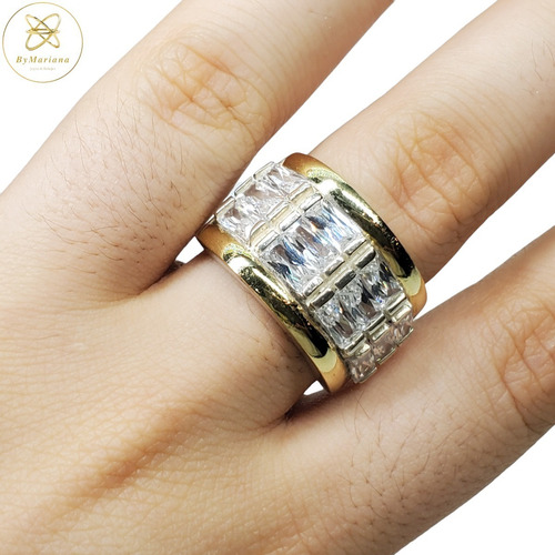 Imagen 6 de 9 de Anillo Plata Y Oro 4 Hileras Baguette Piedra Blanca