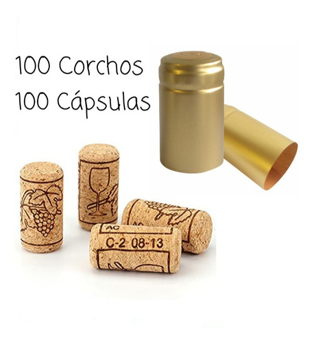 Imagen 1 de 3 de Corchos + Cápsulas Para Botellas De Vino Doradas 100 / 100
