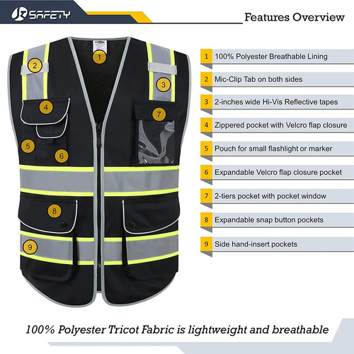 Jksafety 9 Bolsillos Hi-vis Color Negro Cremallera Delant...