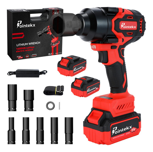 Pointekx Llave de Impacto Inalámbrica 1/2" con Motor Sin Escobillas Torque Máximo 738ft-lbs 1000 N.m Pistola de Impacto 21 V Apto Para Camiones Grandes 2*3.0Ah Baterías y Maletín