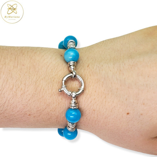 Imagen 3 de 7 de Pulsera Plata Piedras Turquesa Cierre Marinero Comun