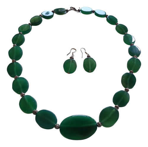 Conjunto Collar Y Aros Piedras Semipreciosas Agatas Verdes 