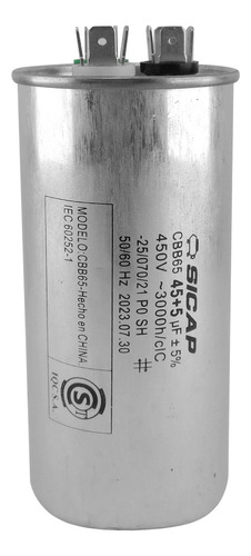 Capacitor Doble Dual Combinado 45 + 5 Uf Refrigeración Aire