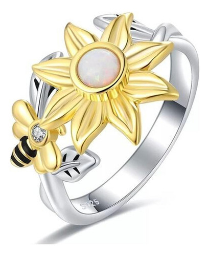 Anillo Plata 925 Girasol Baño Oro 18 K Opalo Abeja