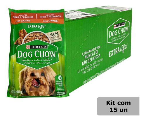 Kit 15 Sachê Dog Chow Cães Adultos Carne Mini 100g Caixa