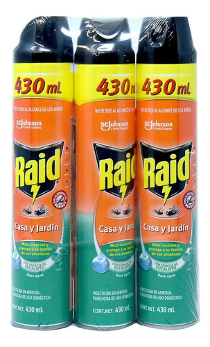3 Raid Casa Y Jardin Insecticida A Base De Agua De 430ml C/u