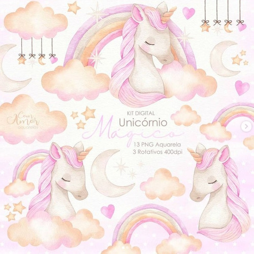 Kit Imagenes Png Cliparts Unicornio Nena Niña Acuarela Ca14