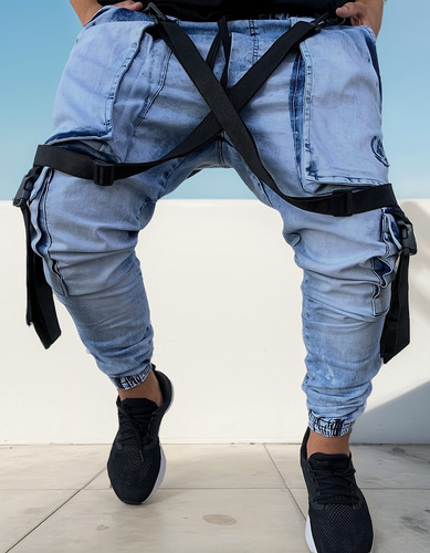 Calça Com Suspensorio Jogger Jeans Masculina Track Preta