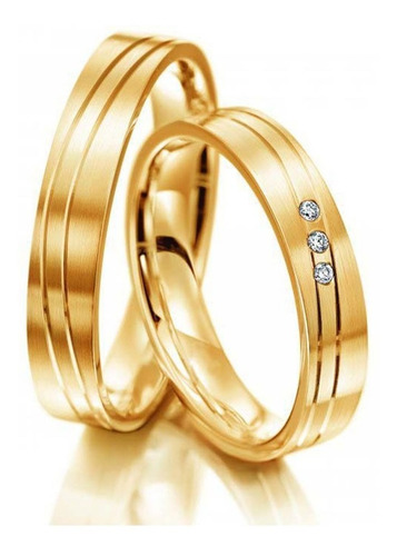 Par Alianças Ouro 18k Retas 2 Frisos Cnc 3 Diamantes 5mm 9gr