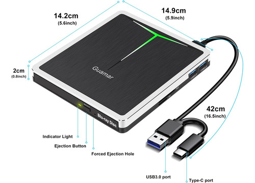 Guamar Externa Blu Ray Drive, Usb C Blu Ray Burner Portátil