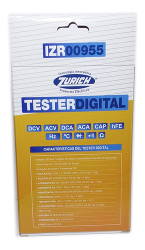 Imagen 5 de 6 de Tester Multimetro Digital Zurich Izr00955 Frecuencia Buzzer
