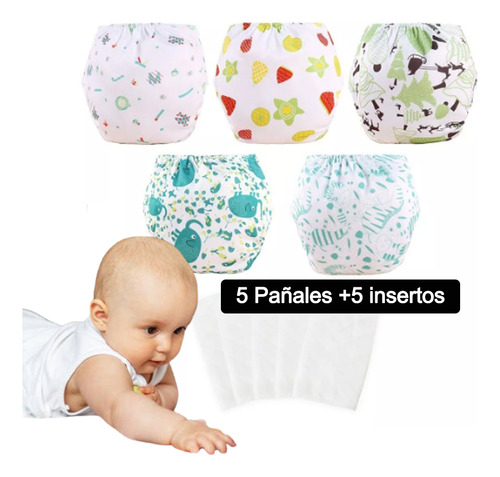 5 Pañales Ecológicos Reutilizables 5 Insertos Bebés Niños B