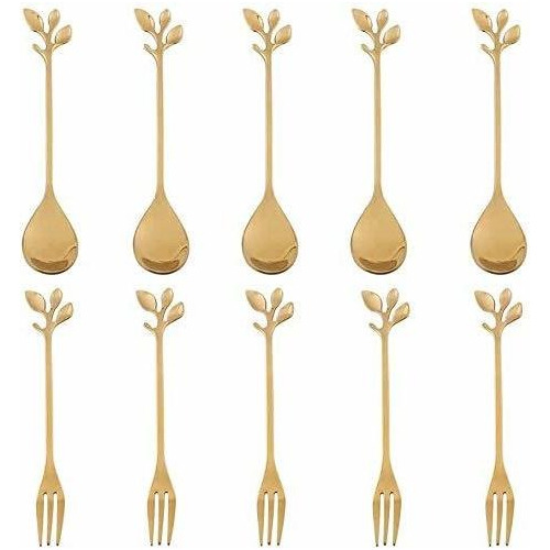 Stainless Steel Leaf Gold Leaf Coffee Spoon And Forks 10