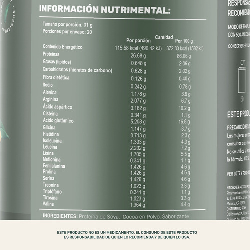 LIFE360+ vegan protein 620g polvo a base de proteínas de soya sabor chocolate