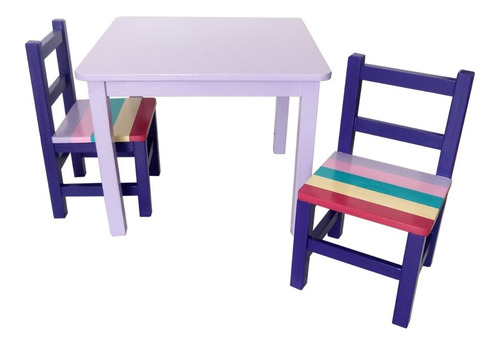 Mesa + 2 Silla Infantil De Madera Pintadas Variados Diseños 