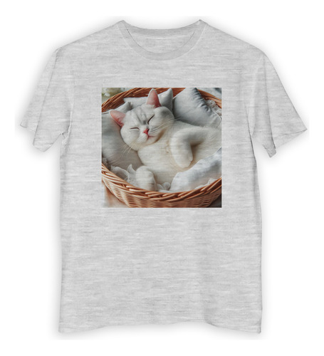 Remera Niño Gata Blanca Durmiendo En Canasta Mimbre