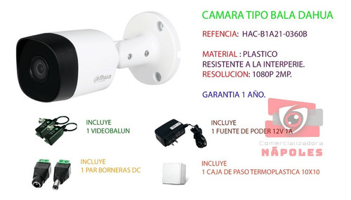 Camara Seguridad Dahua Tipo Bala 2mp 3.6mm 1080 Balum+fuente