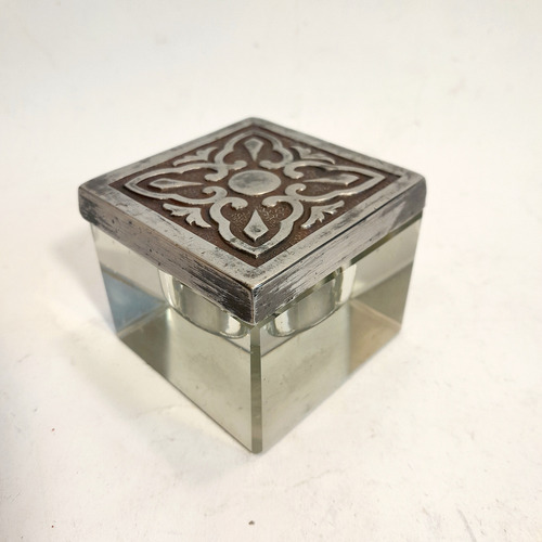 Tintero Antiguo De Cristal Y Peltre Con Pluma De Inmersión (Usado)
