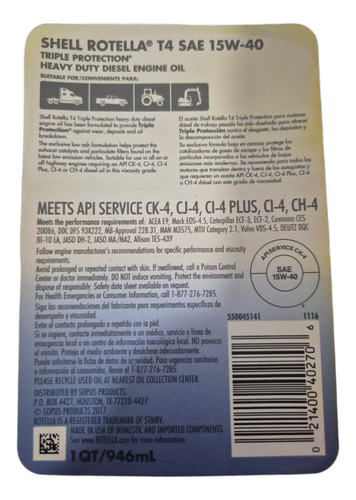 Shell Rotella T4 15w-40 Triple Proteccion 946ml