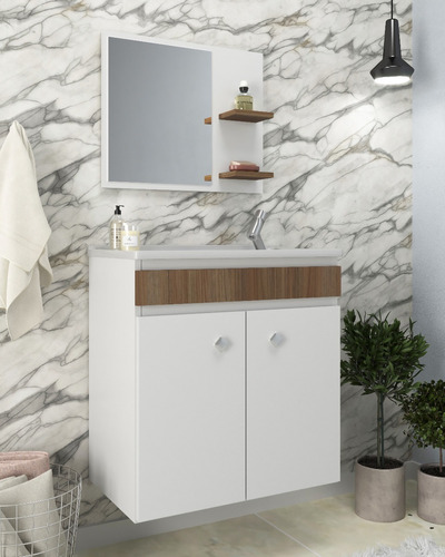 Mueble Para Baño - Con Bacha Y Espejo - Estantes - Milenio - Modelo Palermo Suspendido - Color Blanco/marrón