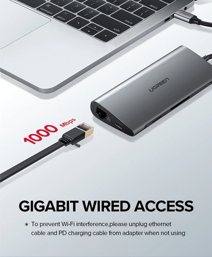 Adaptador De Red 8 En 1 Ugreen Tipo C Hub3.0 Hdmi Macbook