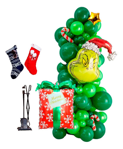 Arco Globos Grinch Navidad Regalo Verde Bastón Grinchmas