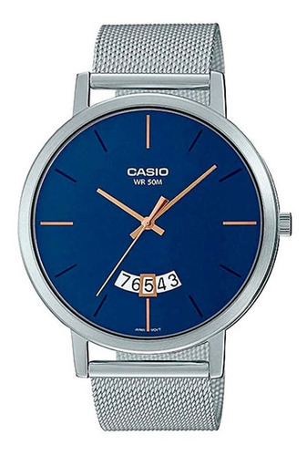 Reloj de pulsera Casio Reloj MTP-B100M-2EVDF, analógico, para hombre, fondo azul, con correa de acero inoxidable color plata, bisel color plata y hebilla de gancho