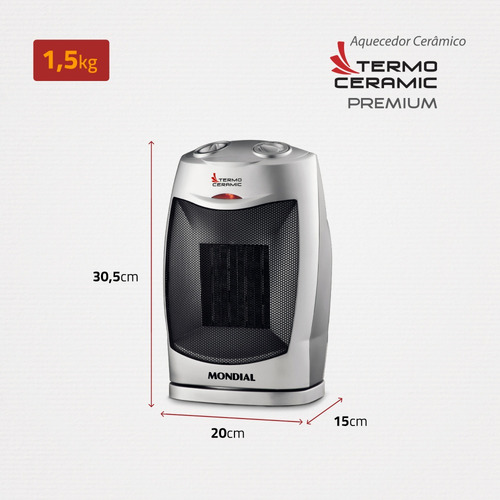 Aquecedor De Ar Mondial Termo Cerâmica 1500w Inverno Prata C Cinza