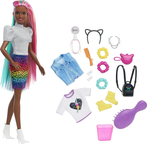 Muñeca De Pelo Barbie Leopard Rainbow Morena Com