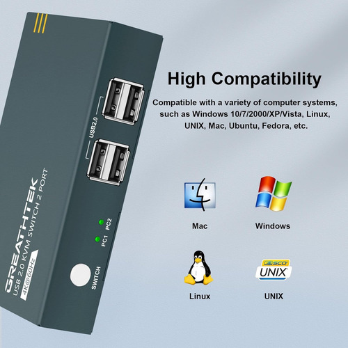 Greathtek Kvm Switch Hdmi 4k 60hz Comparte Usb 2.0 Con Boton