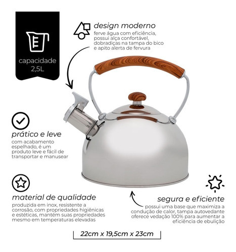 Chaleira Com Apito Em Aço Inox Prata 2,5l Mimo Style