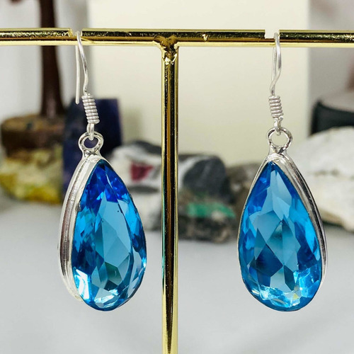 Imagen 5 de 5 de Aros Lagrima Plata India Topacio Azul 100% Natural Ata-09