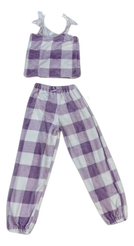 Set De Pijama Para Mujer De Cuadros Lila |blusa Y Pantalón
