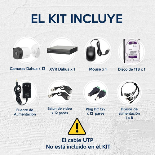 Imagen 9 de 10 de Kit Seguridad Dahua Dvr 16ch + 12 Camara 1080p+ Disco +balun