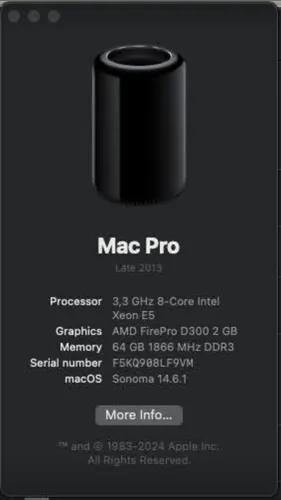 Apple Mac Pro 6,1 64gb Ram 1tb Ssd 8 Núcleos X2 Amd D300 (Usado)