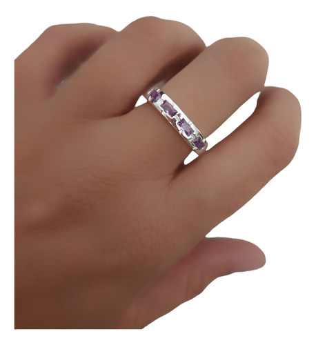 Anillo Plata 925 Sin Fin Con Detalles Piedras Violetas