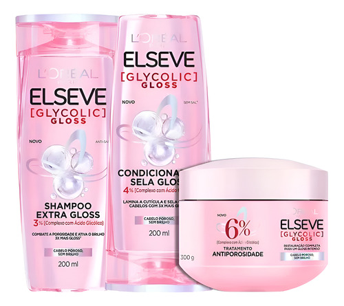 Shampoo, Condicionador 200ml + Mascara Glycolic Gloss Elseve