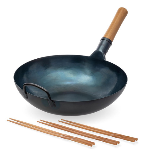 Wok Pan De Fondo Plano - Wok De Acero Al Carbono Azul De 13.