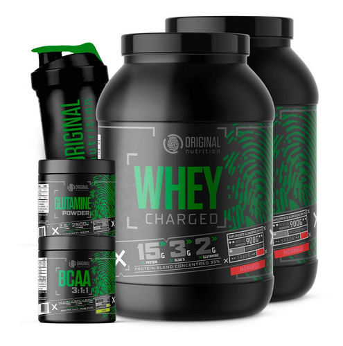 Combo 2x Whey Charged + Glutamina + Bcaa + Shaker - Sabor Morango