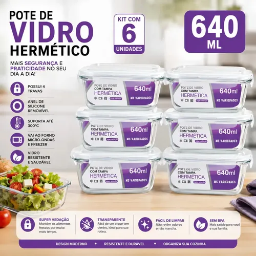Kit 6 Potes 640ml Vidro Borossilicato Hermético 4 Travas Marmita Forno Freezer