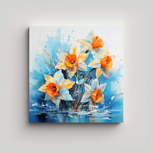 30x30cm Cuadro Abstracto De Flores Narcisos Bastidor Madera