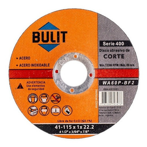 Imagen 1 de 9 de Disco De Corte Bulit Para Amoladora Serie 400 115mm