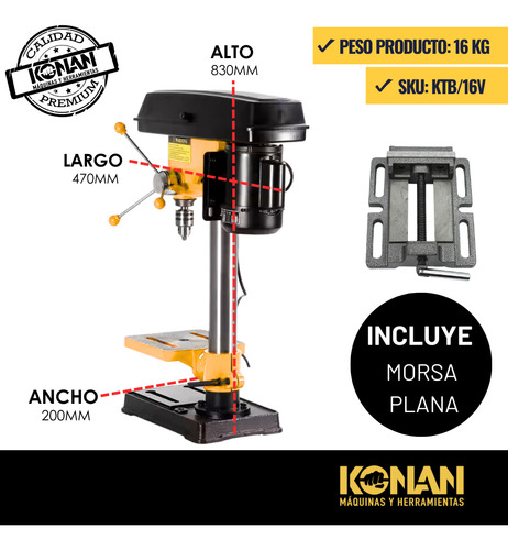 Konan Taladro De Banco 16mm + Morsa Plana 450w 5 Velocidades Amarillo