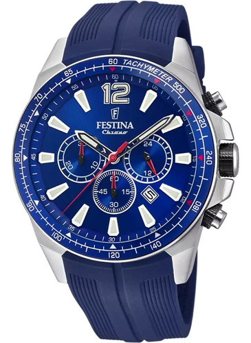 Reloj pulsera Festina The Originals F20376 de cuerpo color plata, analógico, para hombre, fondo azul, con correa de goma color azul, agujas color blanco, negro y rojo, dial gris y blanco, subesferas color azul y blanco, minutero/segundero blanco, bisel color azul y hebilla simple