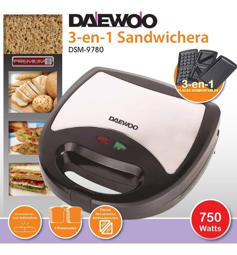 Imagen 3 de 5 de Sandwichera Waflera Grill Daewoo Con Intercambiables 3 En 1