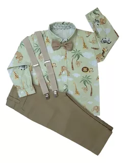 Roupa Safari Verde Manga Longa Com Calça Caqui