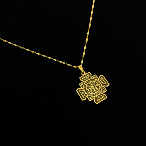 Cadena Y Dije Cruz San Benito Oro 18k Amarillo 45 Cm